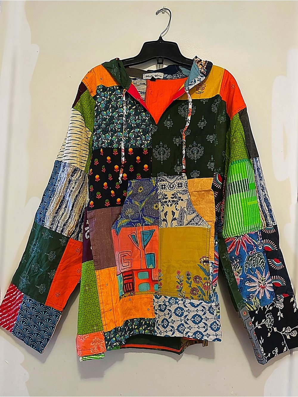 Boho Patchwork Hoodie Jacket in Green, Orange & Blue